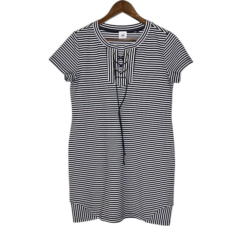 Cabi Women's Navy Blue and White Striped Captain Short Sleeve Dress Size Small‎